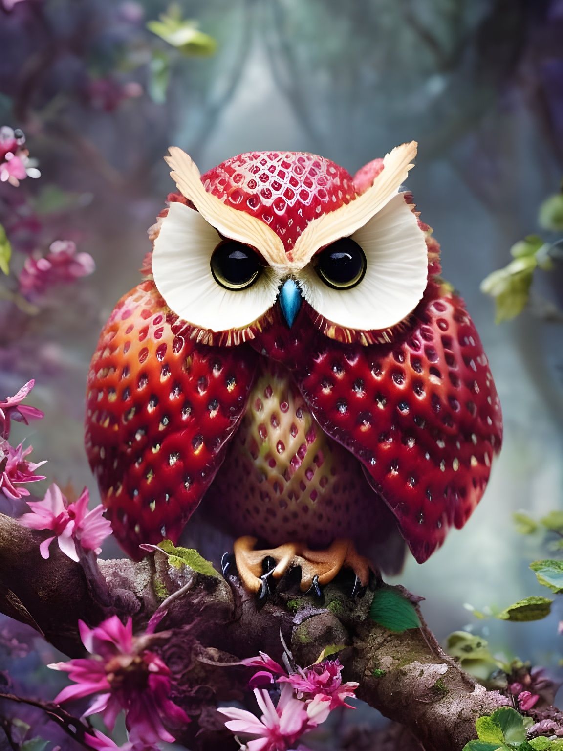 Chibi Strawberry Owl in Fantasy Mushroom Forest