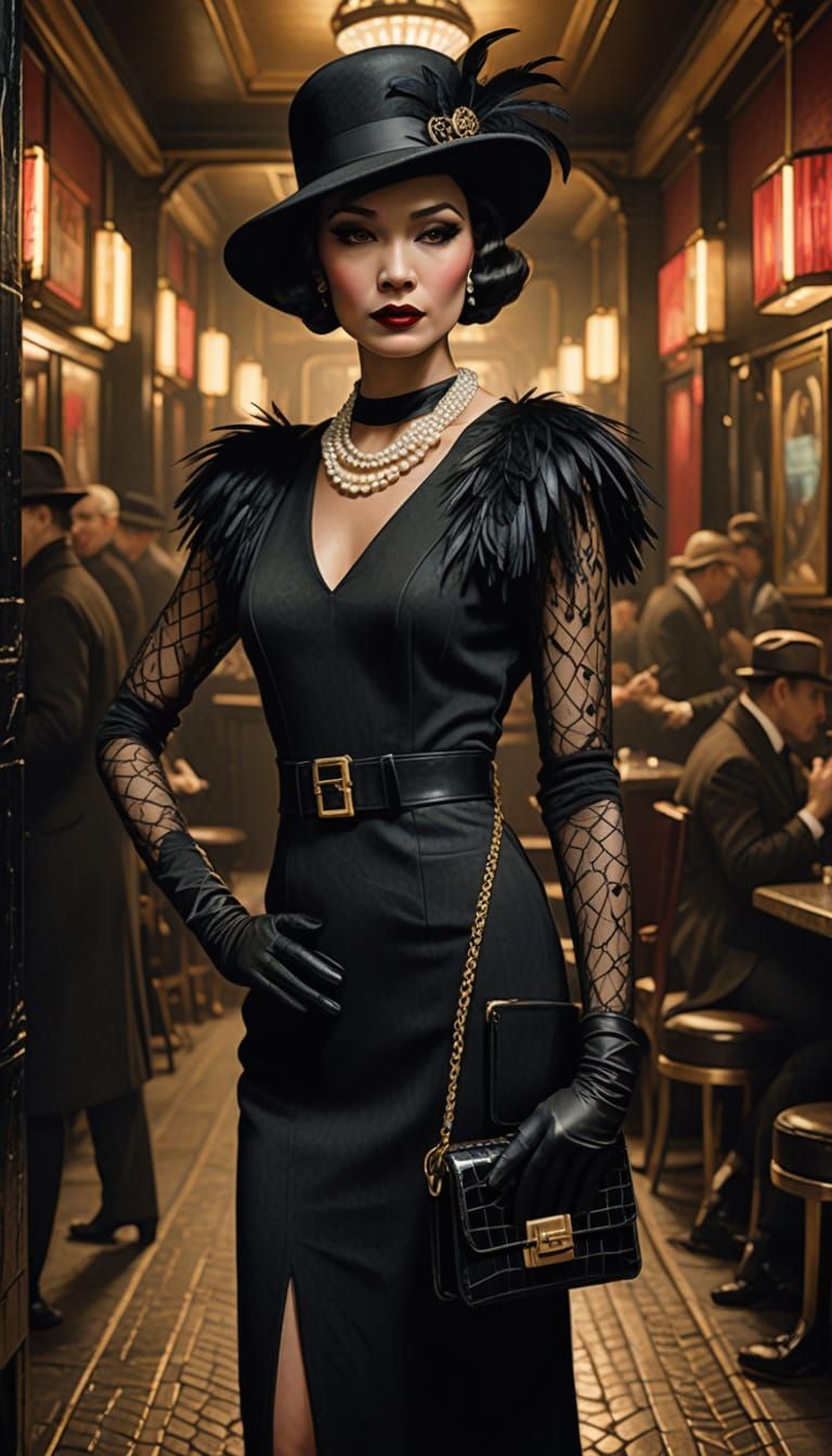 She's got an alligator bag
Top Hat to match
Dressed in black on black
She's got a Philipino girlie
She claims is her fri...