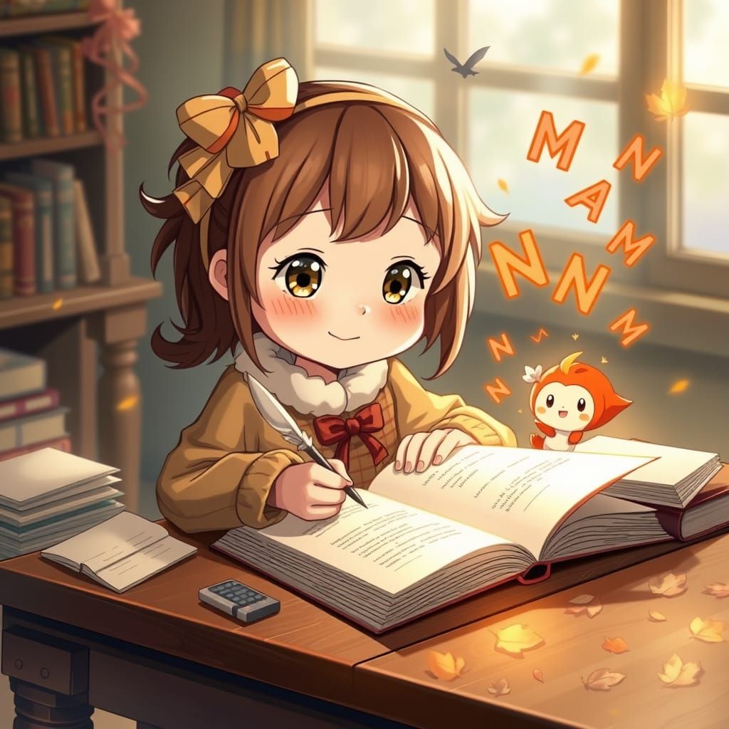 Whimsical Autumn Girl Writes Book in Reverse with Magical Le...