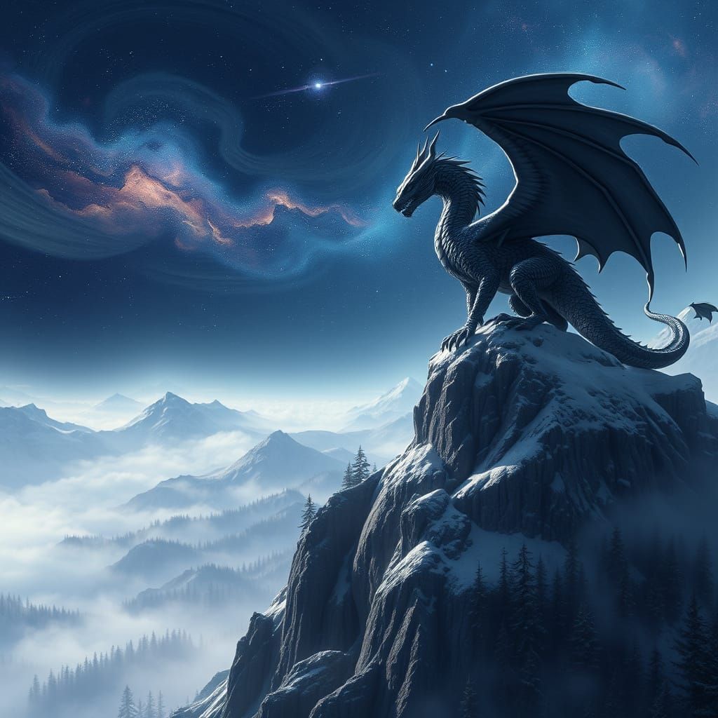 Obsidian Dragon Perched on Snow Mountain