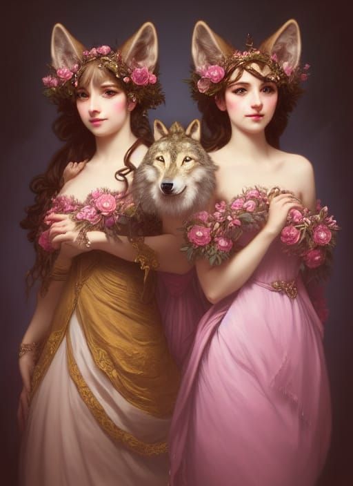 Anthropomorphic Wolves in Frilly Dresses, Art Nouveau Style