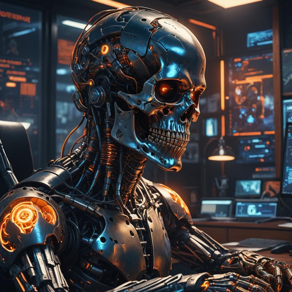 Skull-Faced Cyborg Warrior in High-Tech Office