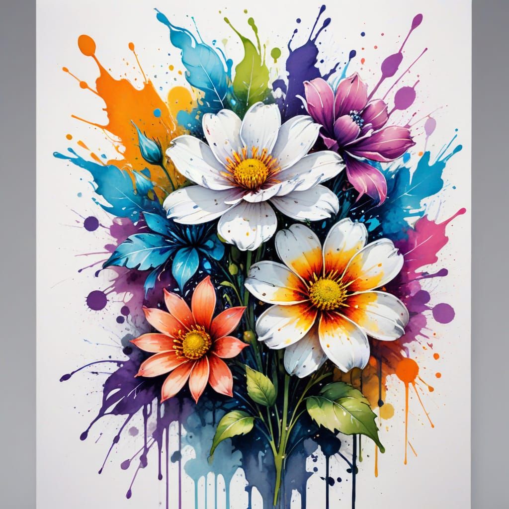 Vibrant Watercolor and Ink Flowers in Street Art Style
