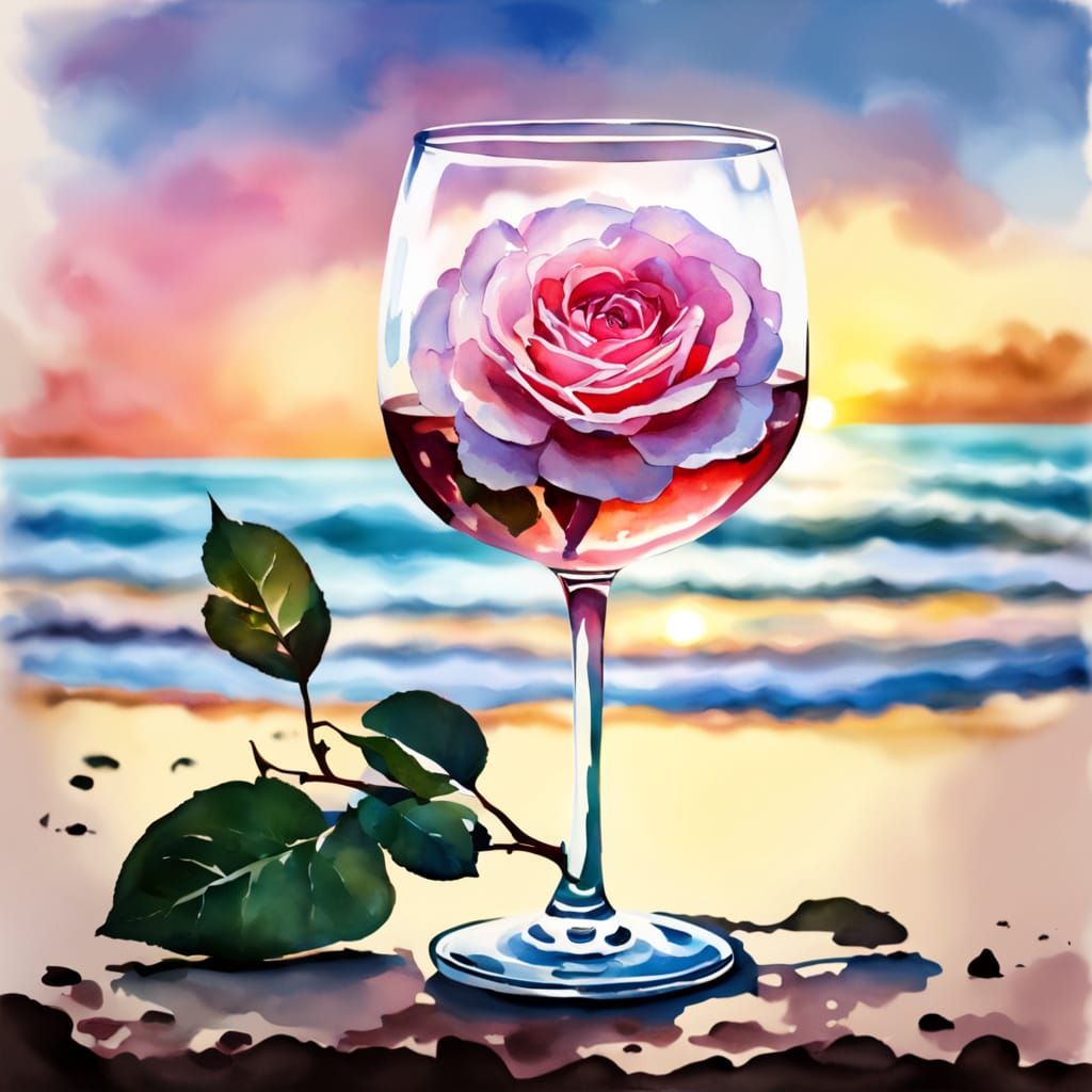 Elegant Sunset Beach Scene with Wine and Rose