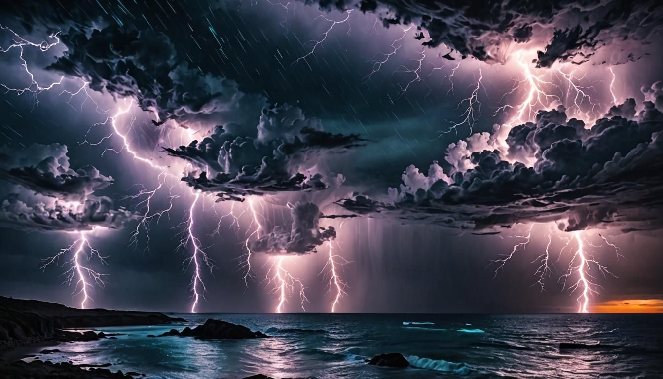 Vivid Bioluminescent Storm Illuminates Dark Landscape