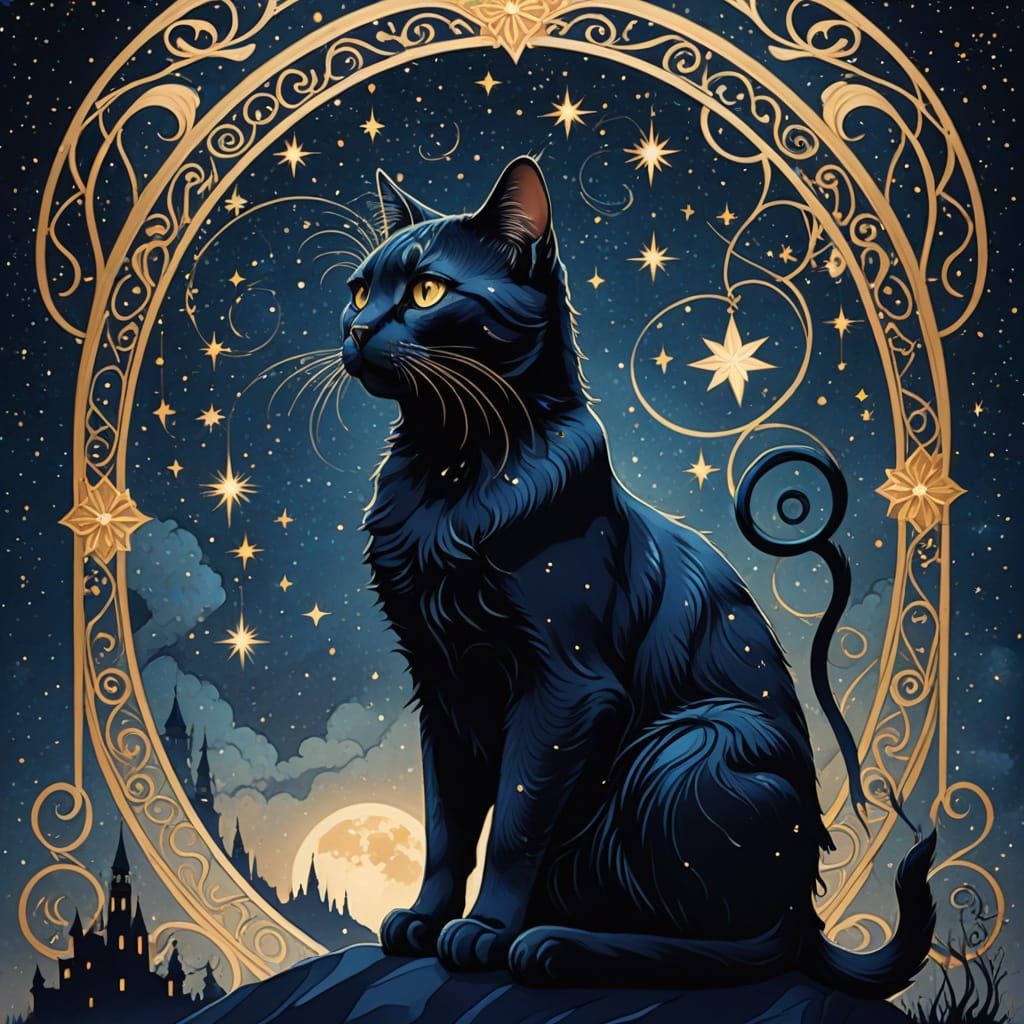 Art Nouveau Cat Silhouette Against Starry Sky