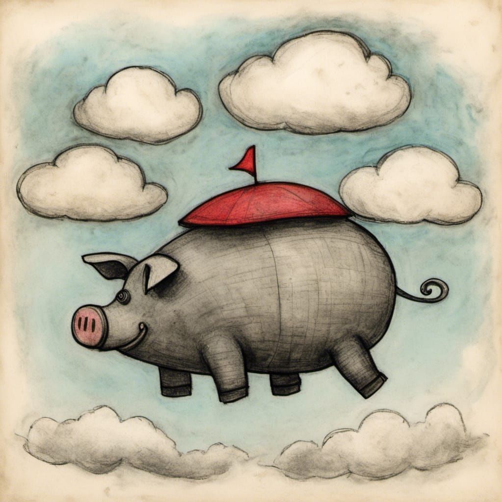 Flying Robot Pig in Clouds: Charcoal Art