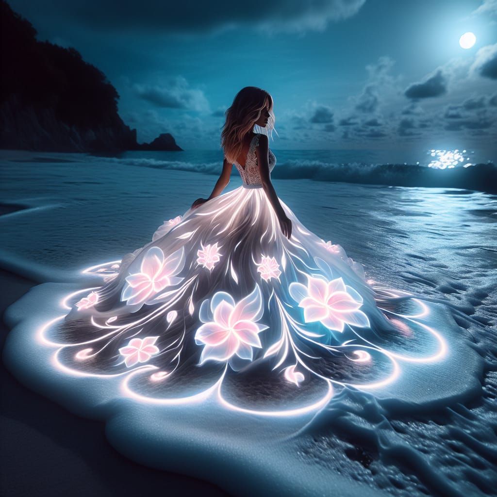 Neon Floral Dress in Moonlit Ocean, Ethereal Art