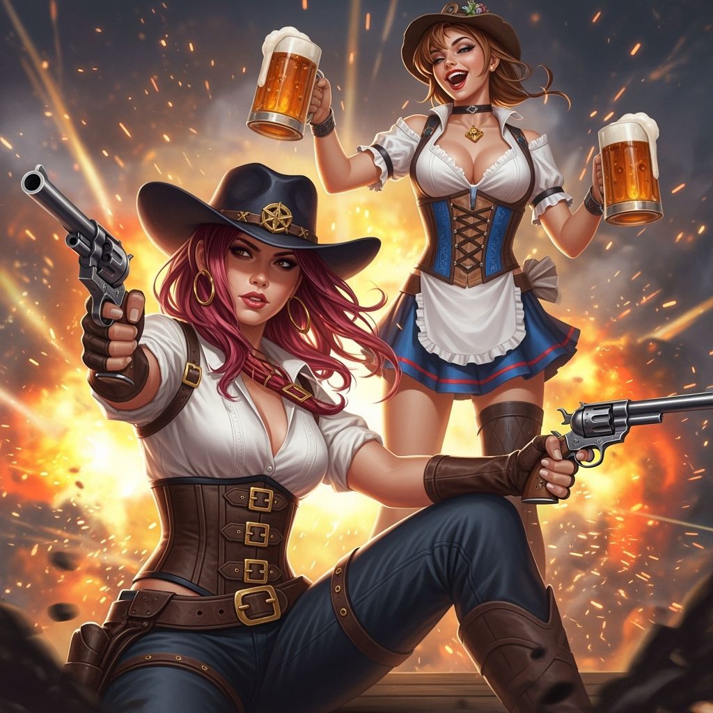 Dynamic Gunslinger in Chaotic Tavern, Hyperrealistic Digital...