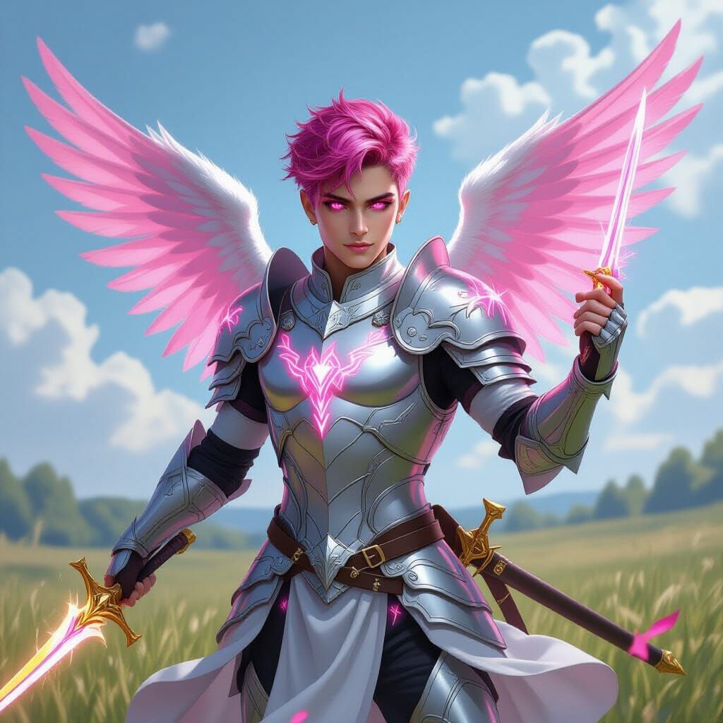 Male Angel with Magenta Hair and Pink Wings