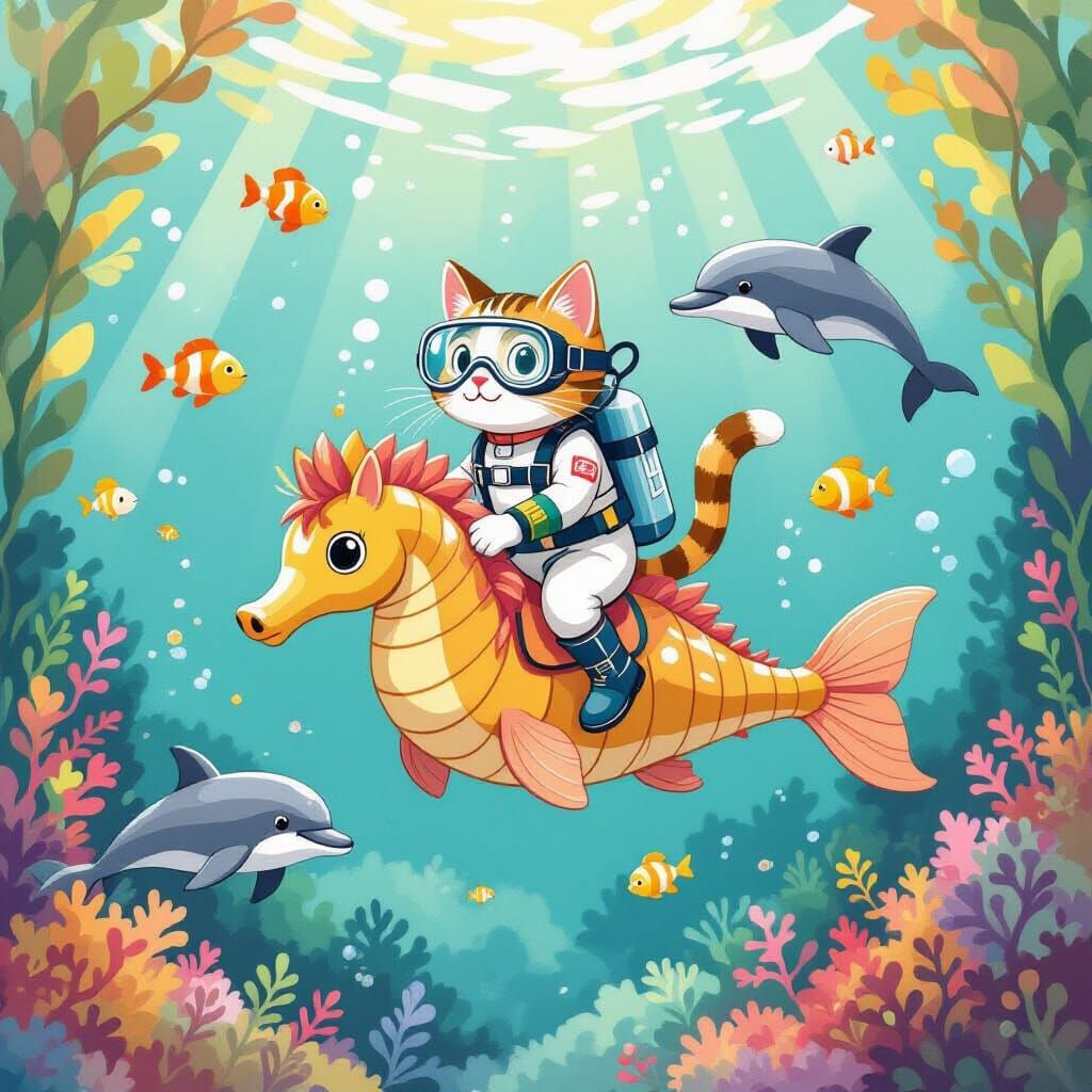 Cat Rides Seahorse in Underwater Fantasy World