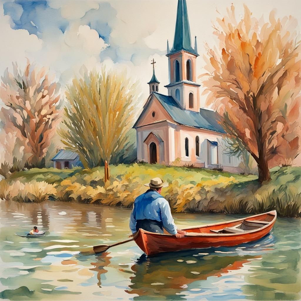 Flooded Church Scene in Gouache Watercolor Style