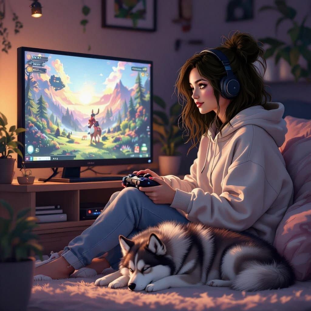 Female Gamer Relaxing With Sleeping Husky