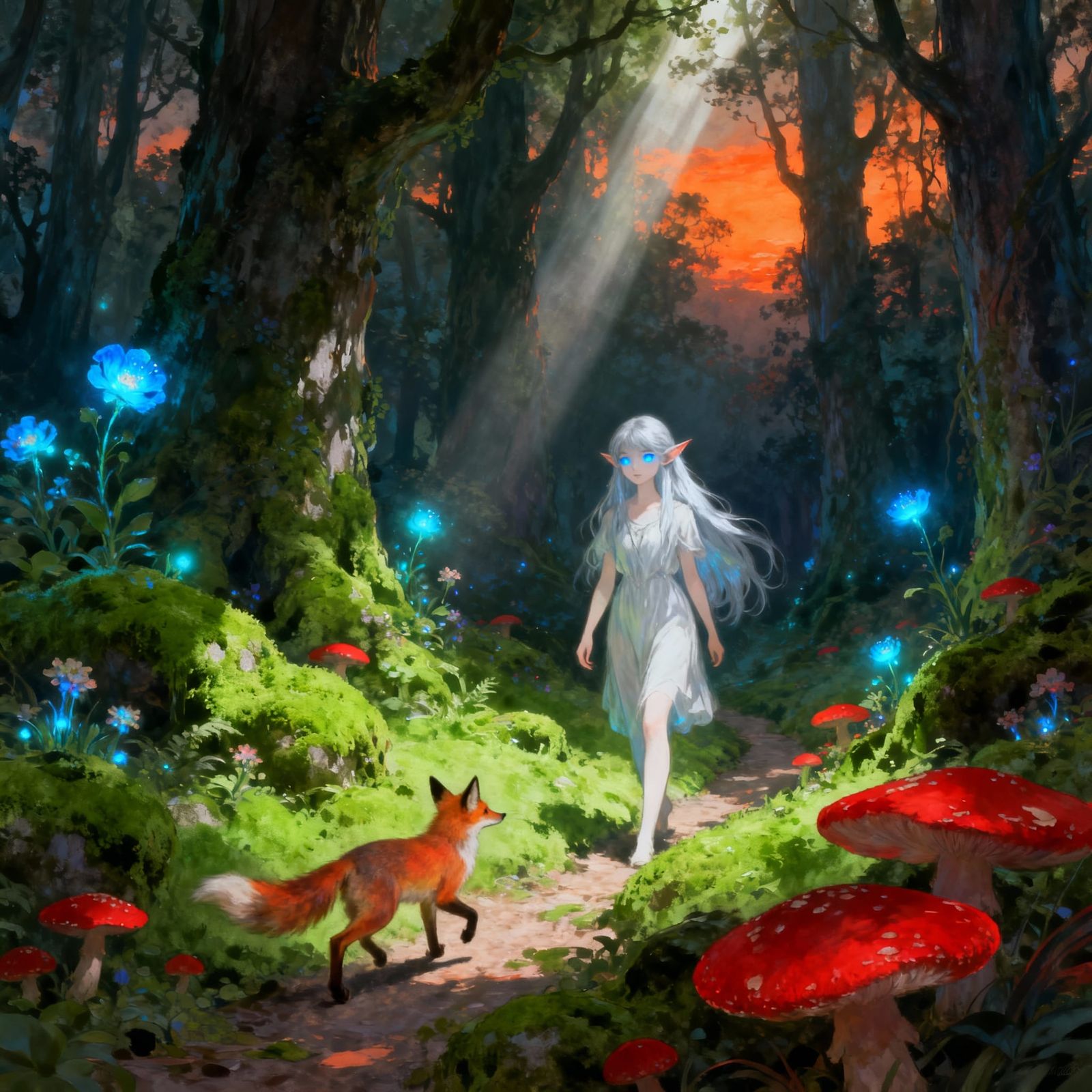 Elven Girl and Fox in Mystical Forest