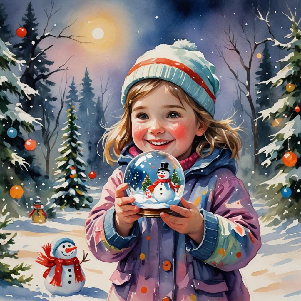 Girl with Snow Globe in Gouache Watercolor Style