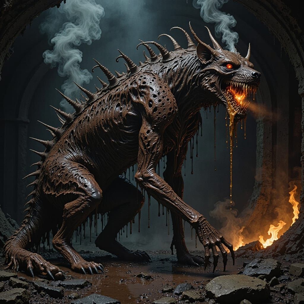 Terrifying Dragon-Wolf Hybrid in Industrial Horror Cavern
