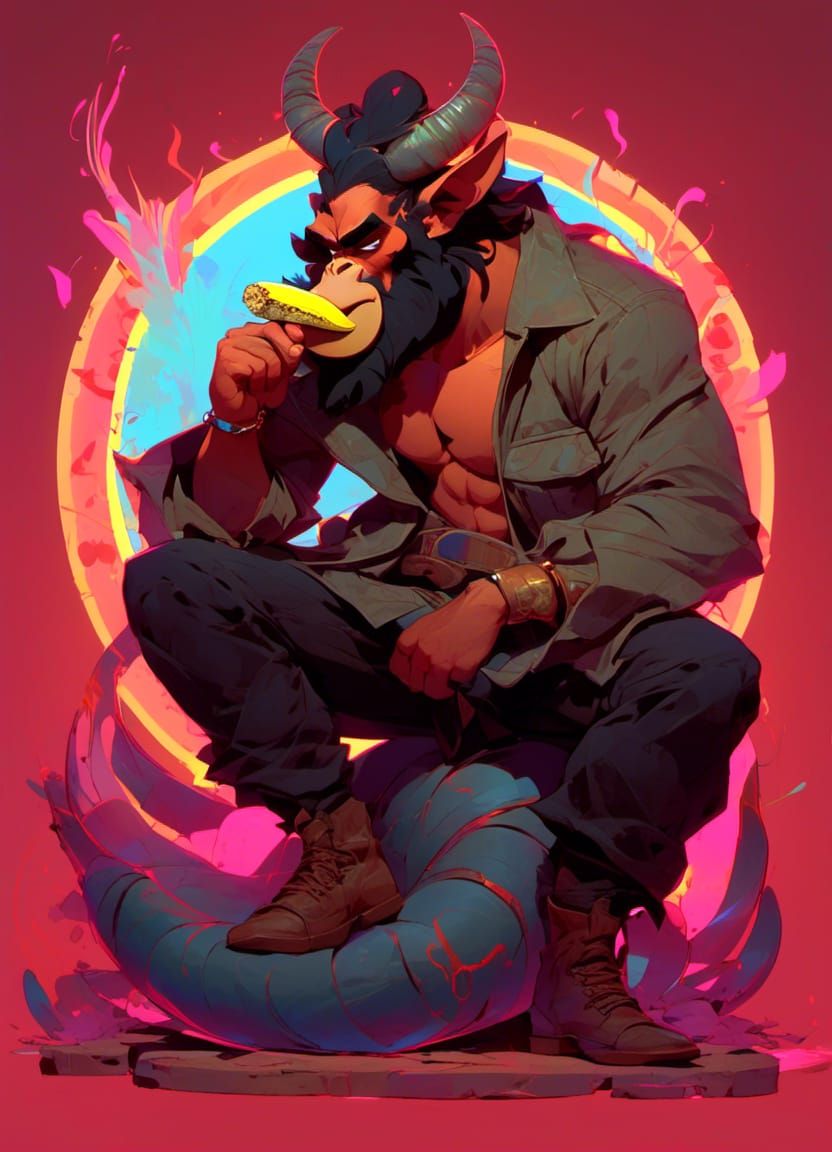 Guerilla Smoking Banana Cigar in Fantasy Art Style