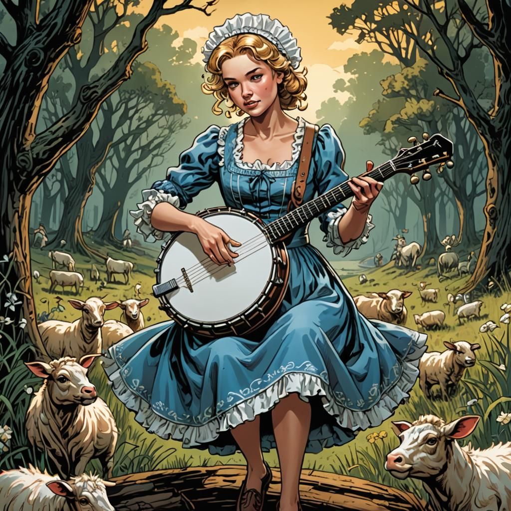 Little Bo Peep Plays Banjo in Comic Book Art