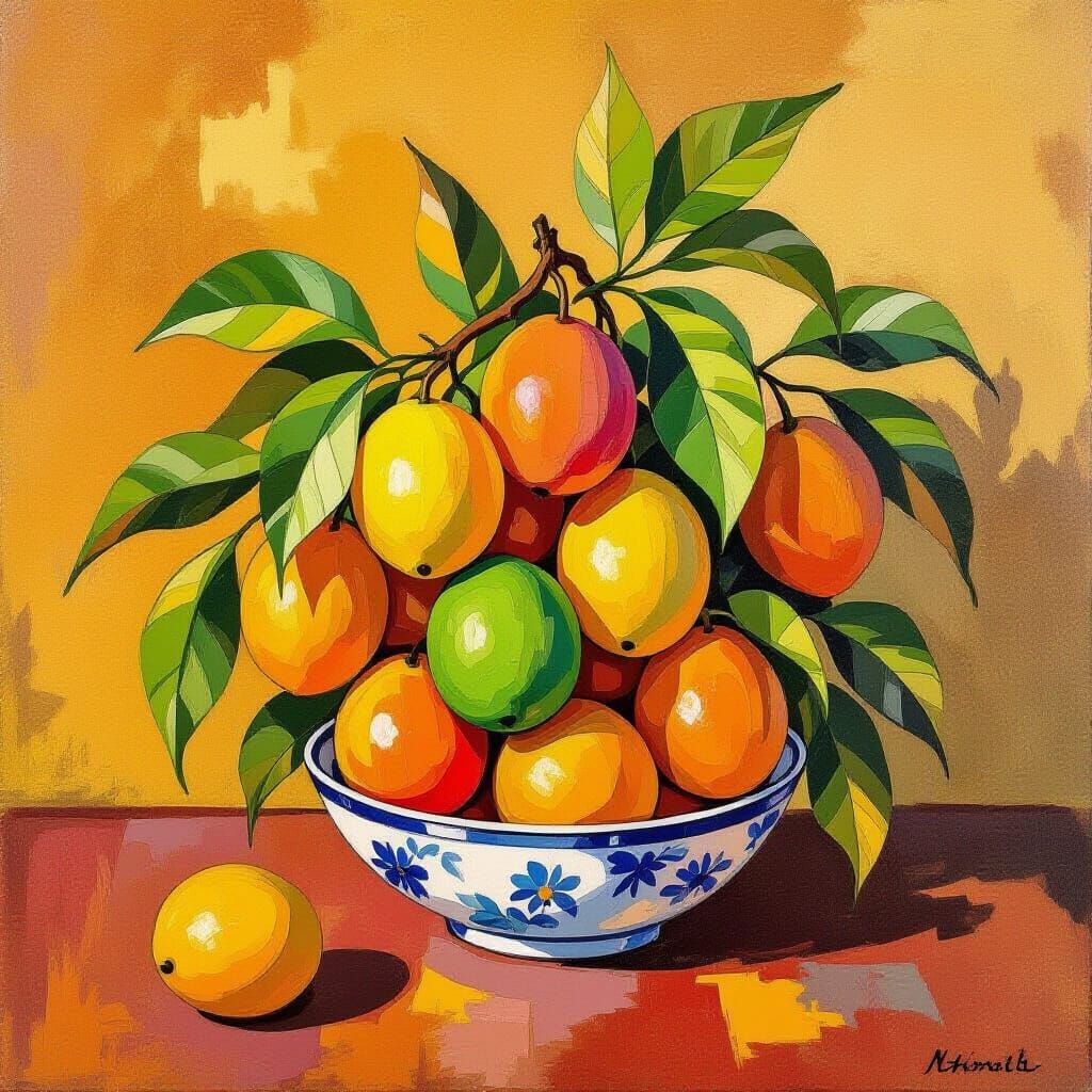 Still Life: Vibrant Mangos in Impressionist Style