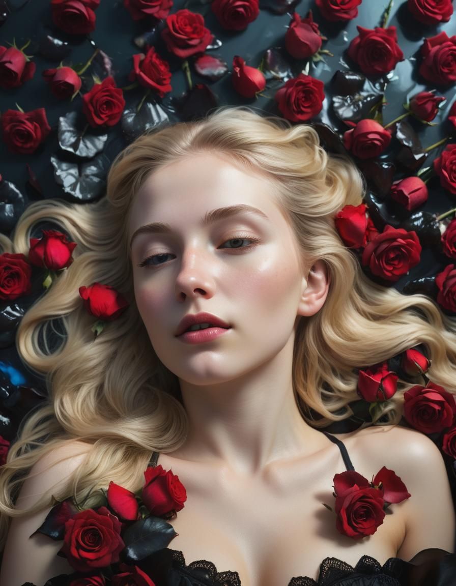 Woman in Sea of Black Roses: Hyper-Realistic Photograph