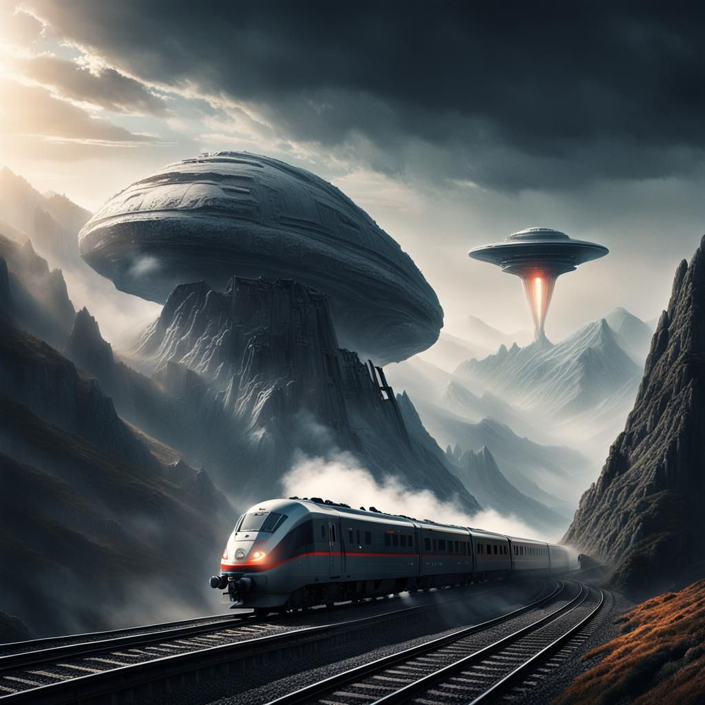 Train Meets Alien Object in Sci-Fi Landscape