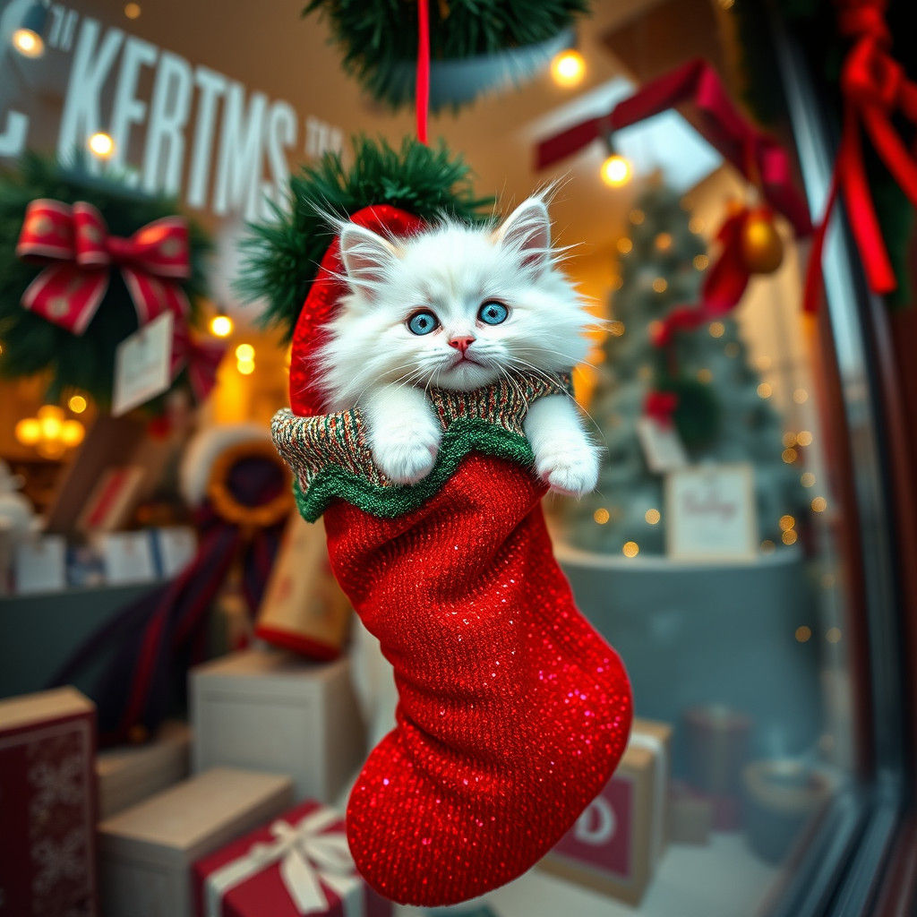 Giant Christmas Stocking with Kitten in Window