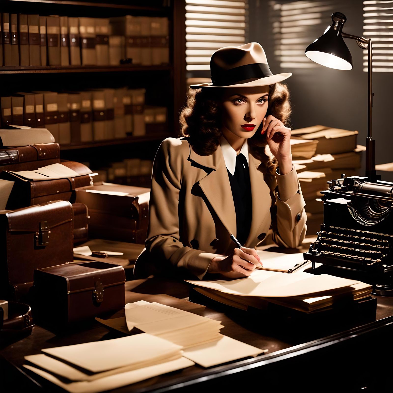 A film noir scene depicts a female private detective in a 1940s office, leaning over a desk that is full of case files a...