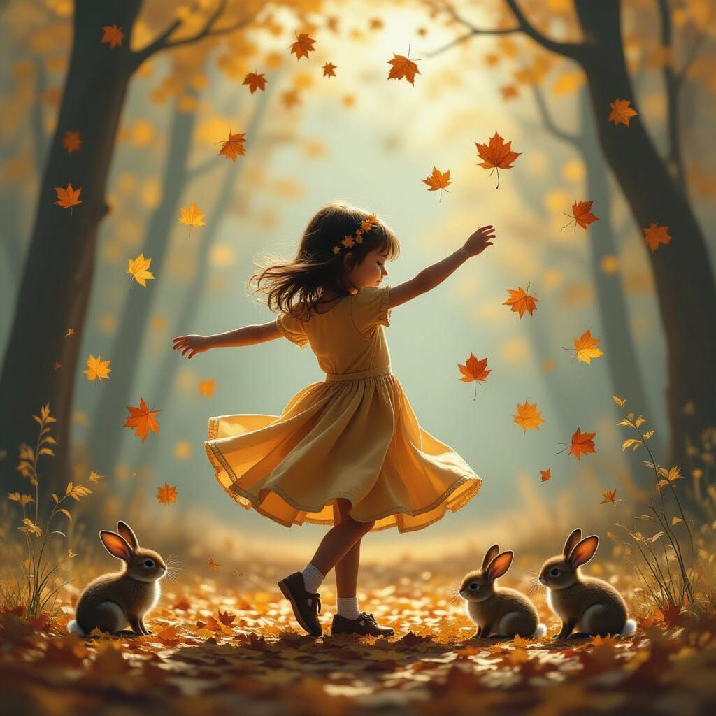 Surreal Autumn Girl and Rabbits Formed From Leaves