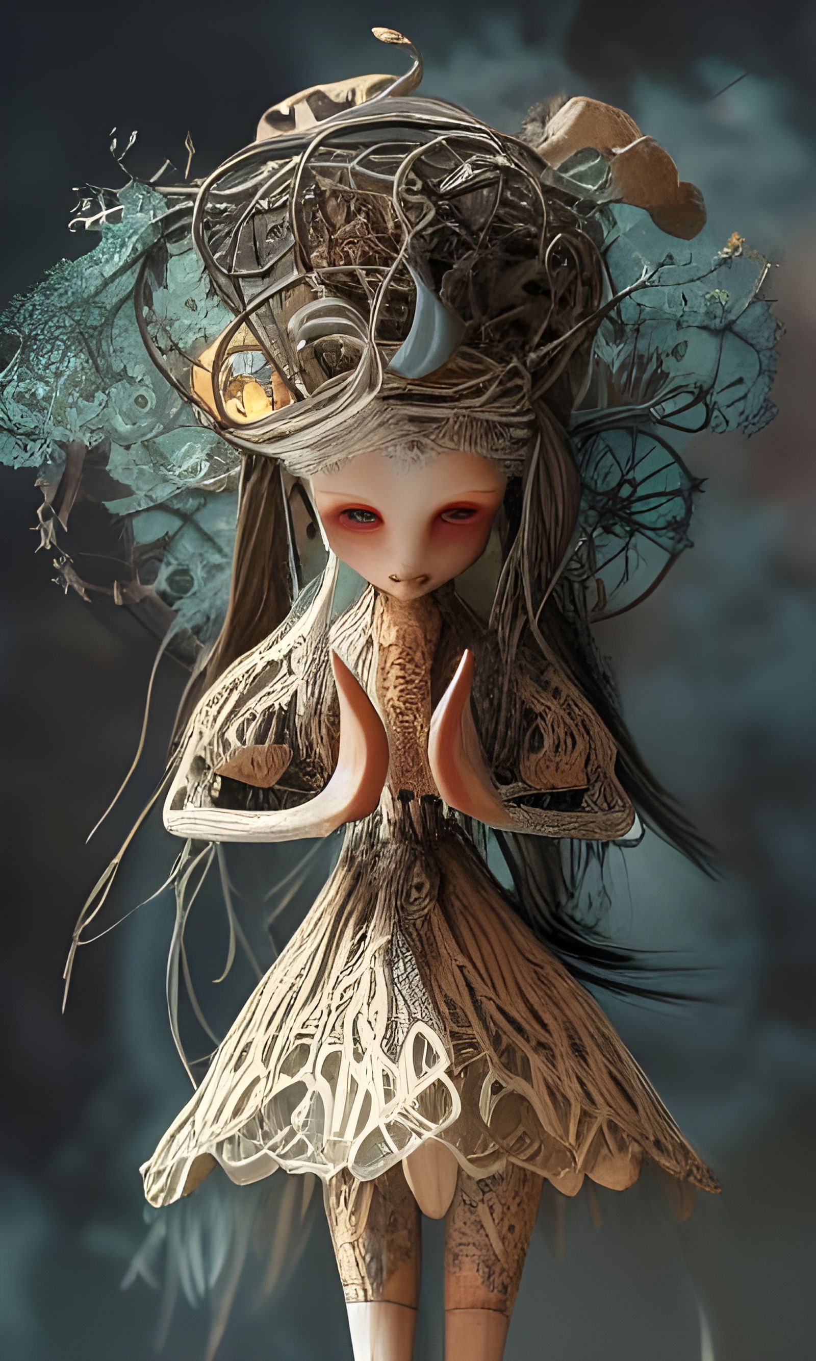 Intricate Wooden Witch Doll: 3D Digital Art