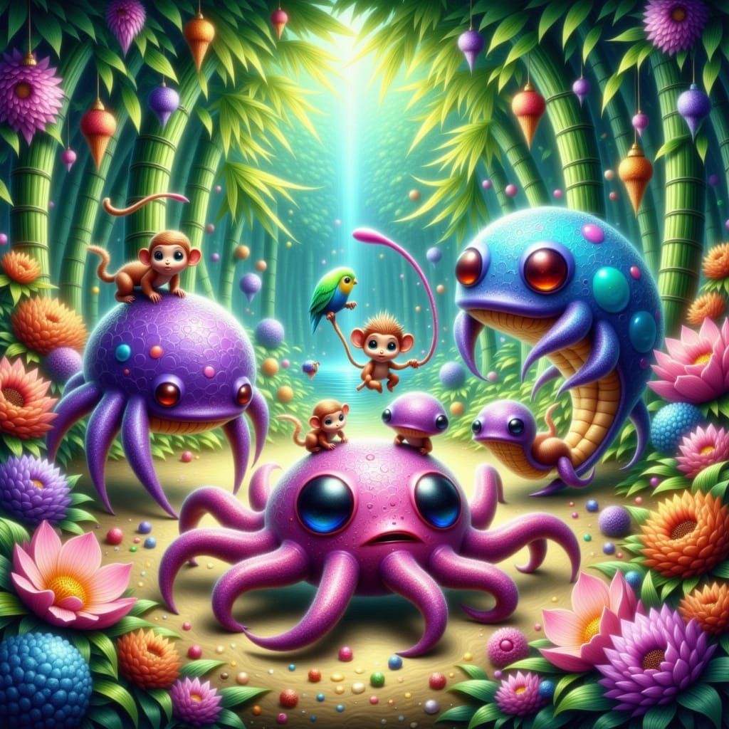 Whimsical Spider-Octopi Play Hide-and-Seek in Asian Forest i...