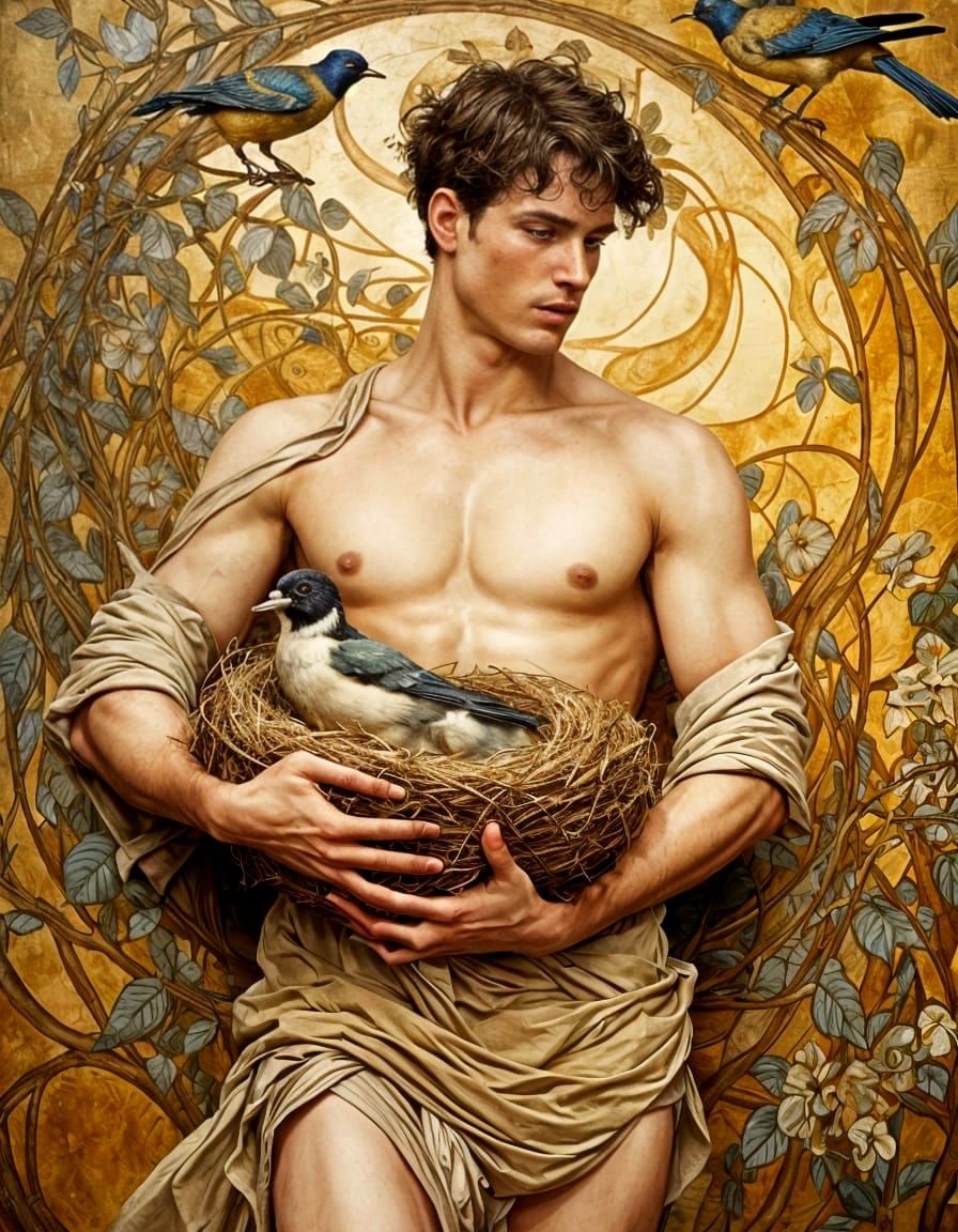 Handsome Male in Golden Light, Inspired by Klimt and Schiele