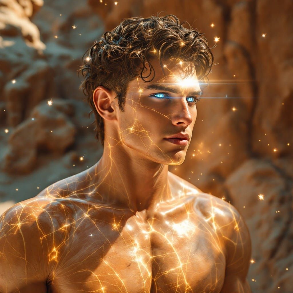 Chiseled Hero Emerging from Golden Dunes in a Vibrant Fantas...