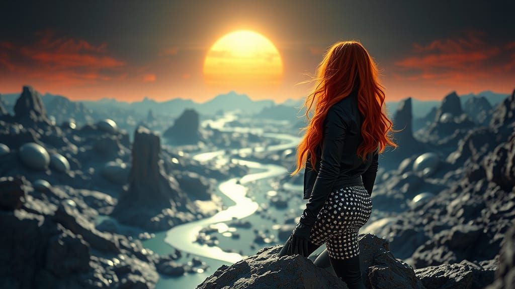 A lone rocker girl with fiery red hair, dressed in a black l...