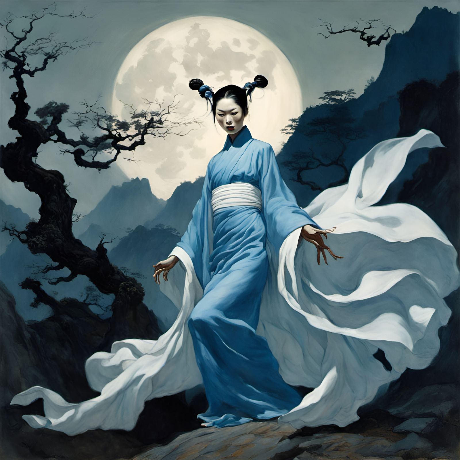 Ethereal Blue-Skinned Spirit in Rockwell-esque Style