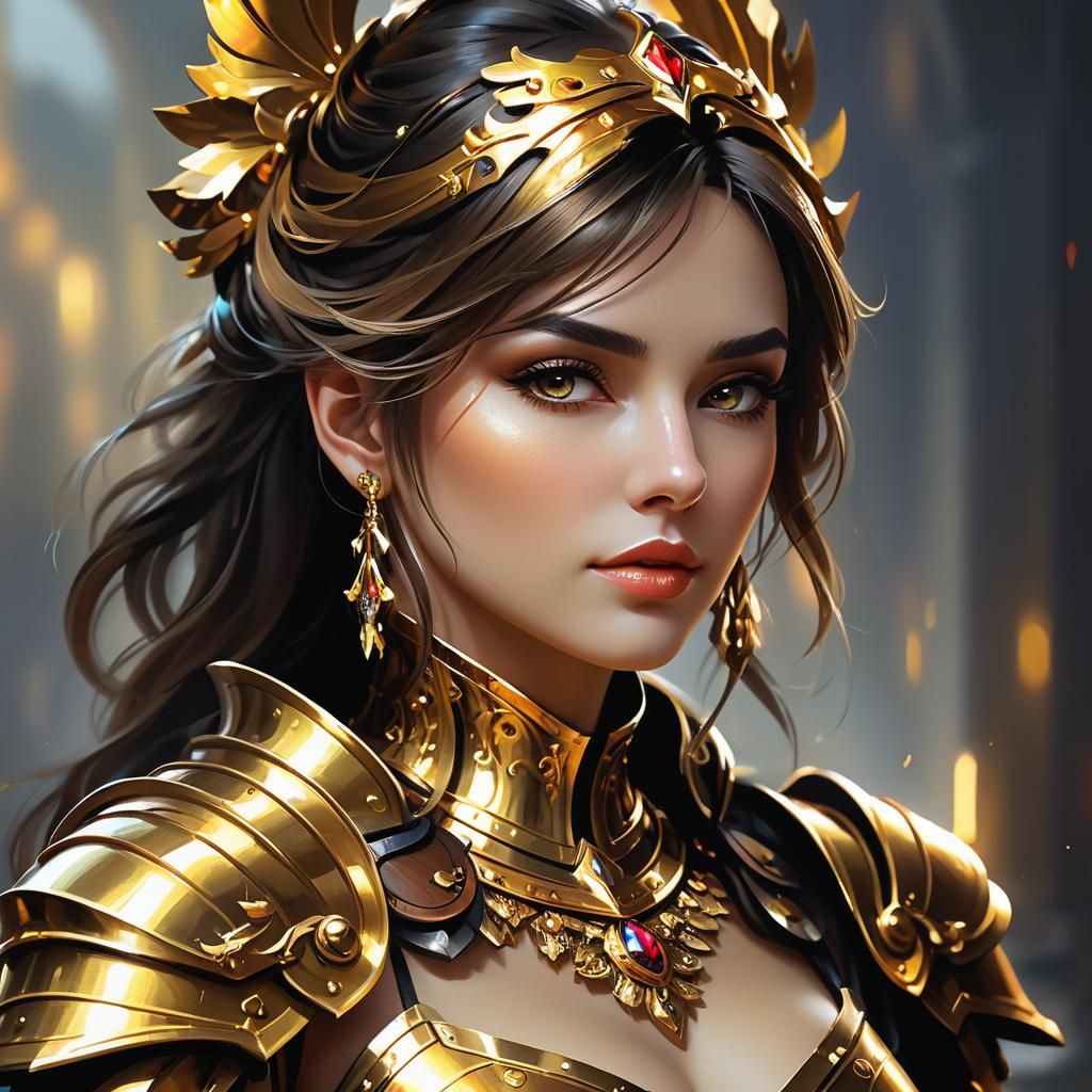 Girl in Golden Armour Portrait in Volumetric Lighting