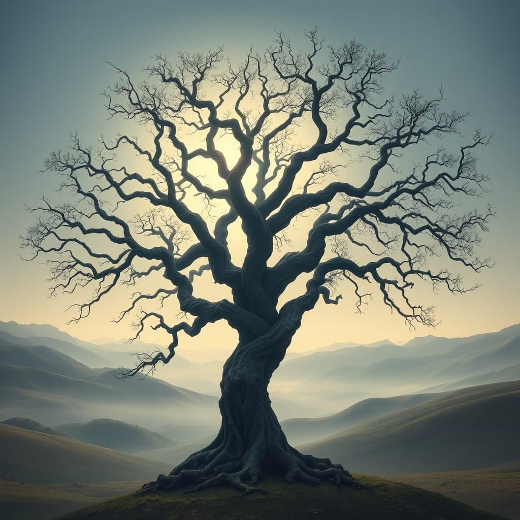 Mystical Tree in Open Valley: Ethereal Digital Art
