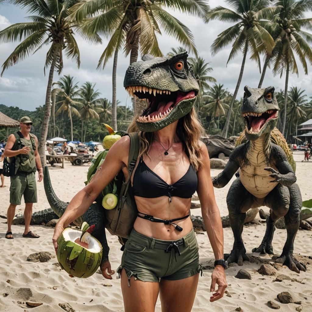 Smiling Veteran with Dinosaur on Tropical Beach