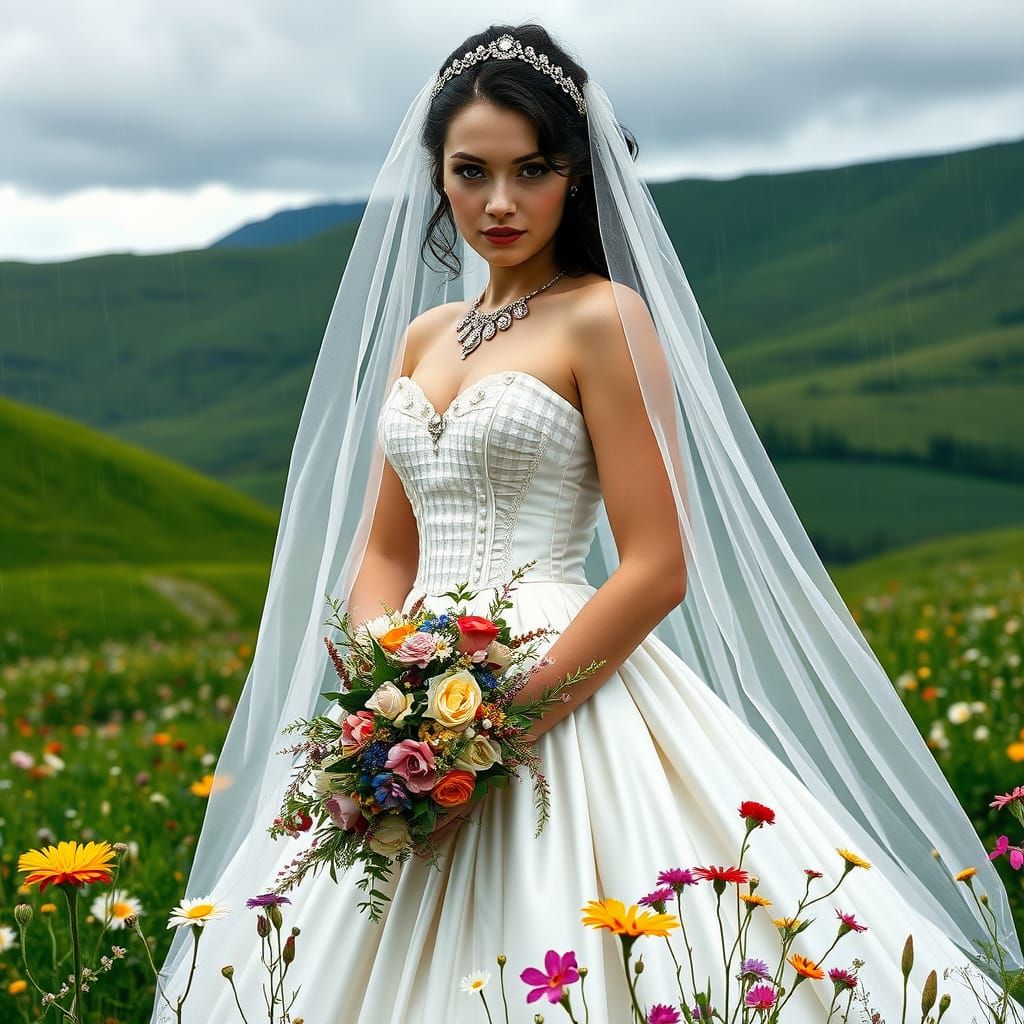 Scottish Bride in Gingham Wedding Dress Amidst Highland Wild...