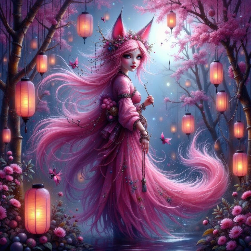 Ethereal Kitsune in Moonlit Japanese Garden