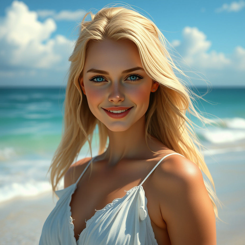 Blonde Woman Portrait on Beach, Detailed Digital Painting