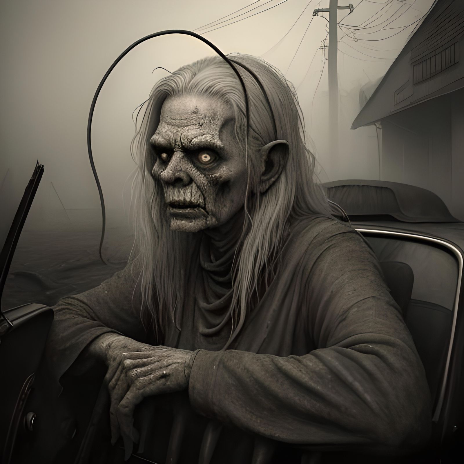 Creepy Creature Car Scene in Animated Horror Style