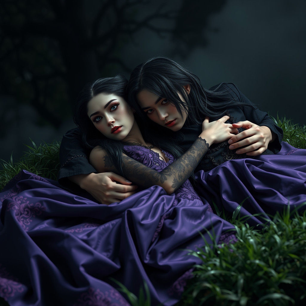 Gothic Lovers Embrace in Eerie Landscape, Art Nouveau Style