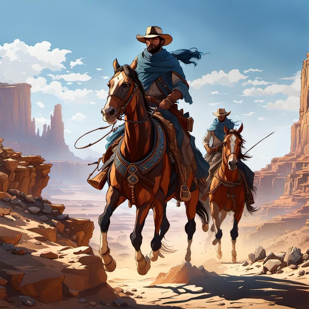Cowboys Ride Through Desert Canyon, Digital Art