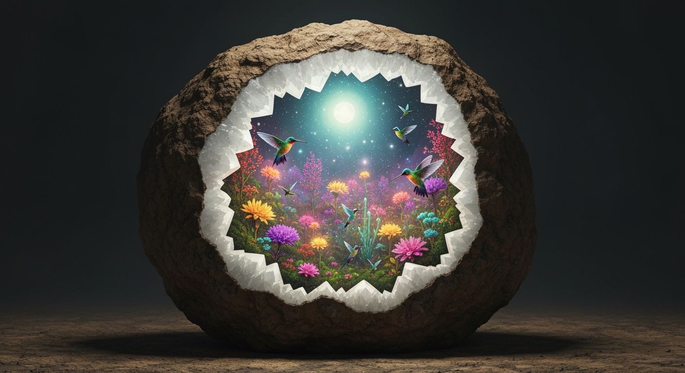 Vibrant Ecosystem Inside Crystalline Geode Painting