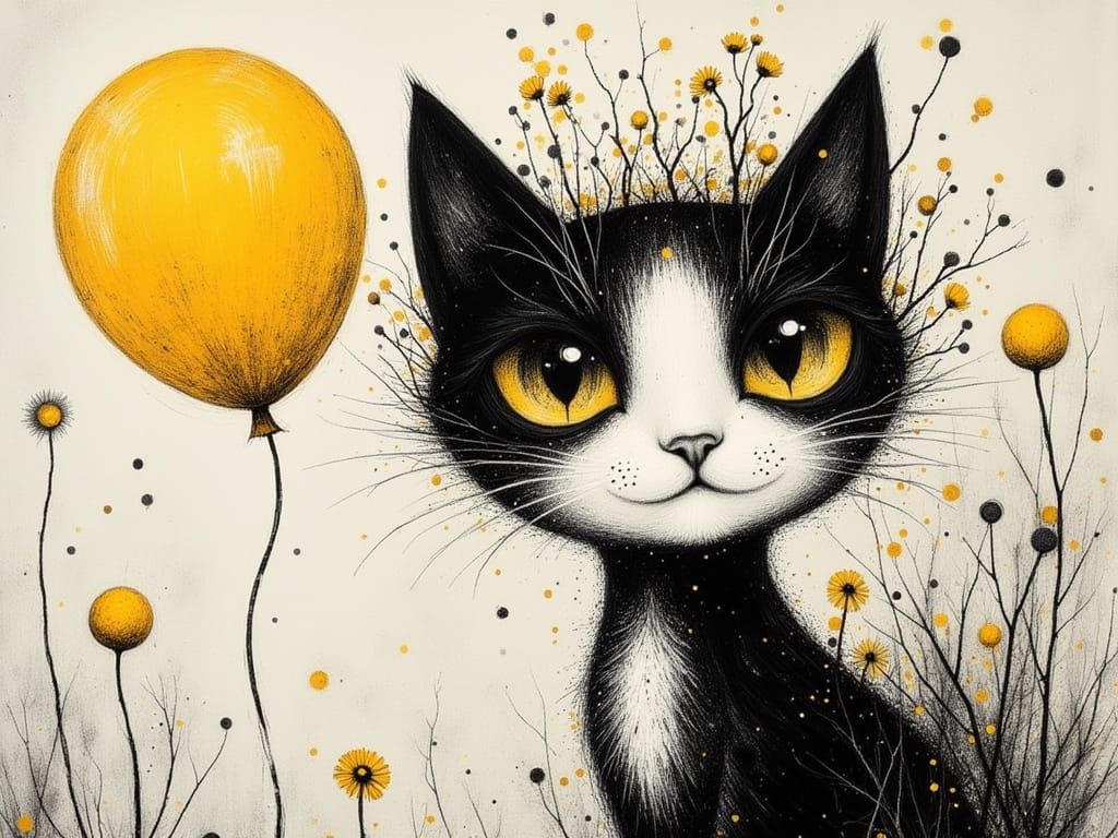 Whimsical Cat with Balloon in Charcoal Sketch Style