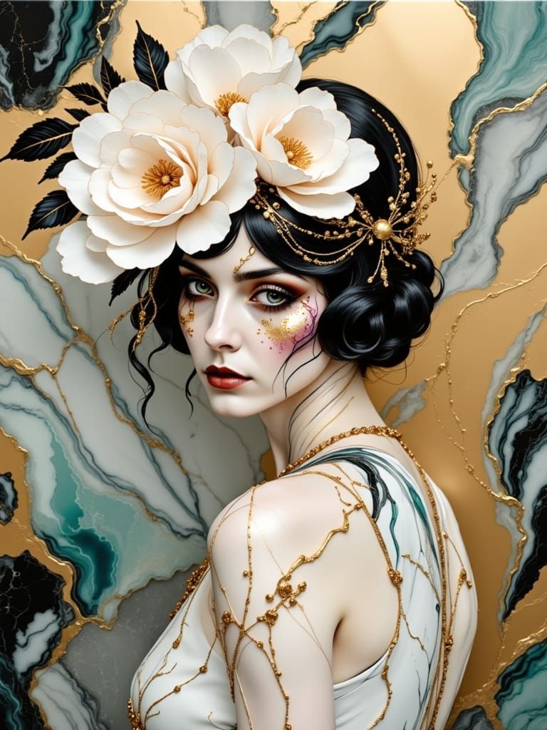 Elegant Flapper Girl in Gatsby-Inspired Headpiece with White...