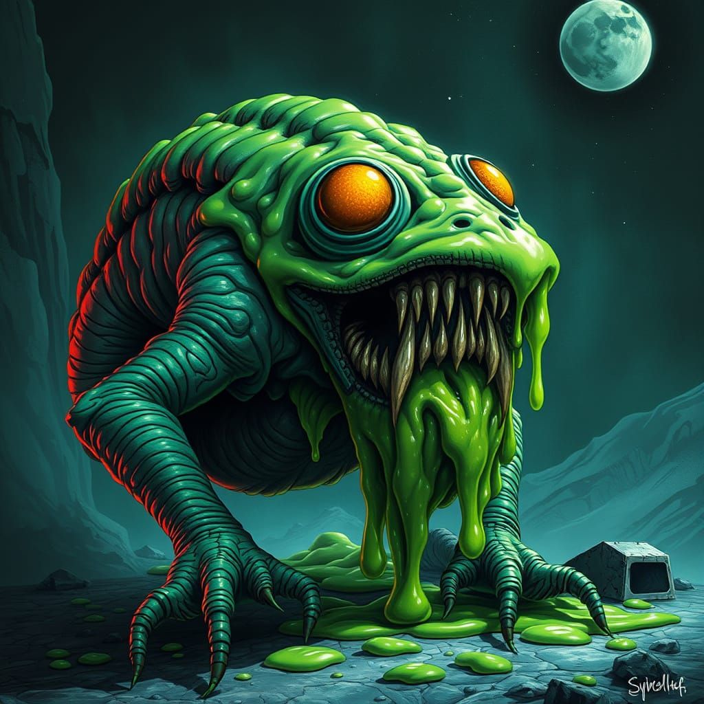 Otherworldly Green Creature in Retrofuturistic Sci-Fi