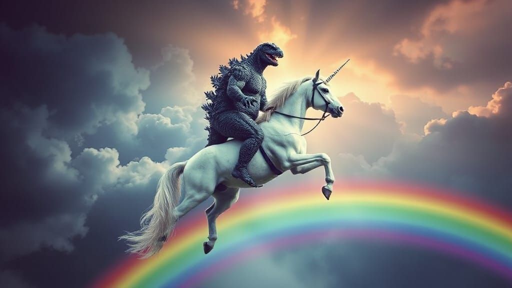 Godzilla Riding Unicorn over Rainbow