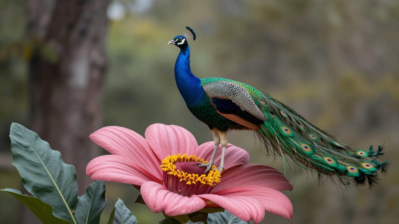Peacock Alights on Flower in Bizarre Art Style