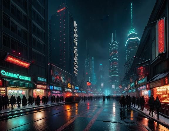 Cyberpunk Winter Wonderland Cityscape with Christmas Decor
